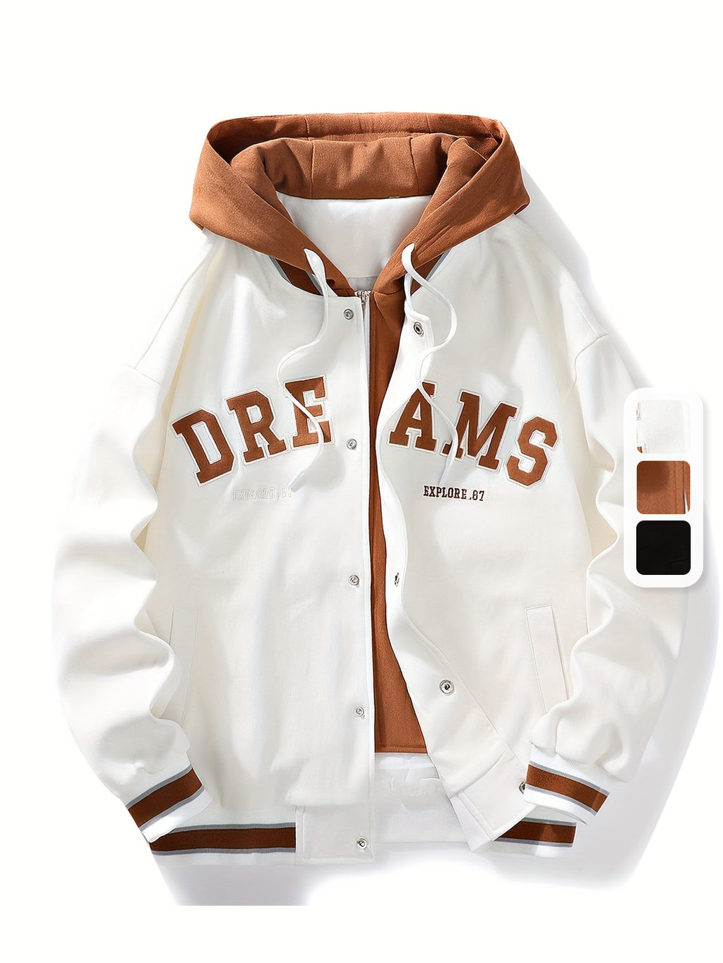 "Dreams" Varsity Jacket – White & Brown Streetwear with Statement Style