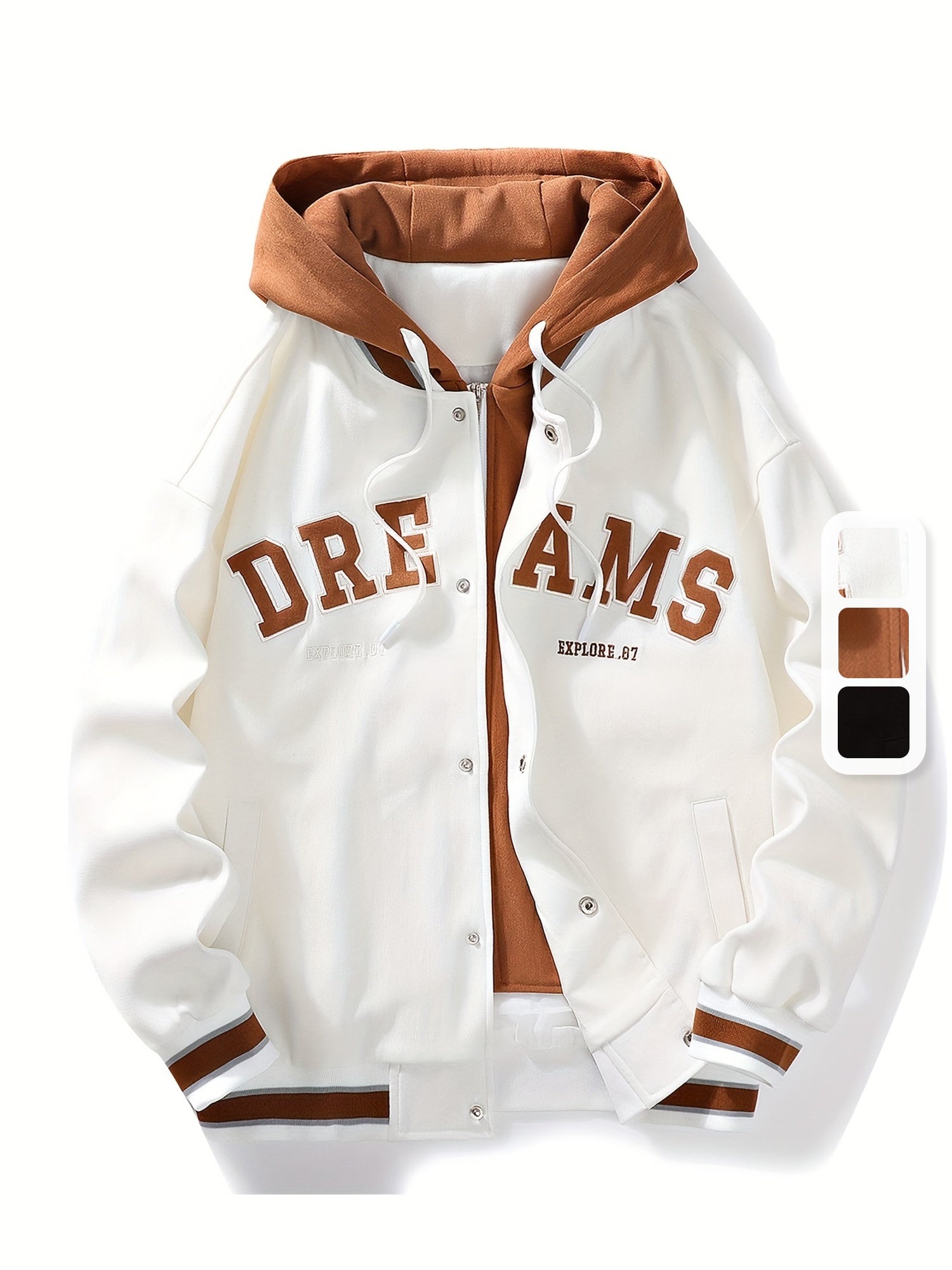 "Dreams" Varsity Jacket – White & Brown Streetwear with Statement Style