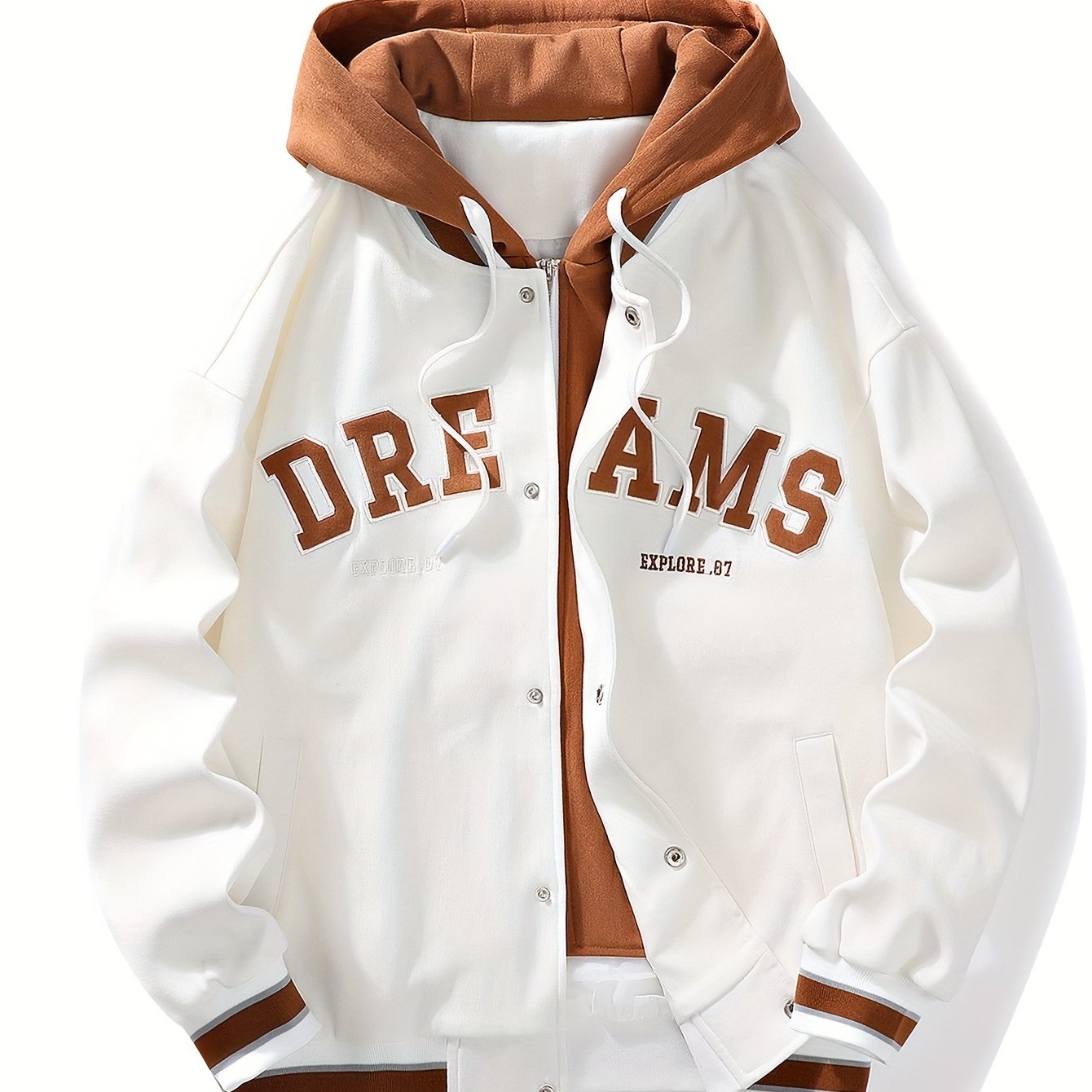 "Dreams" Varsity Jacket – White & Brown Streetwear with Statement Style