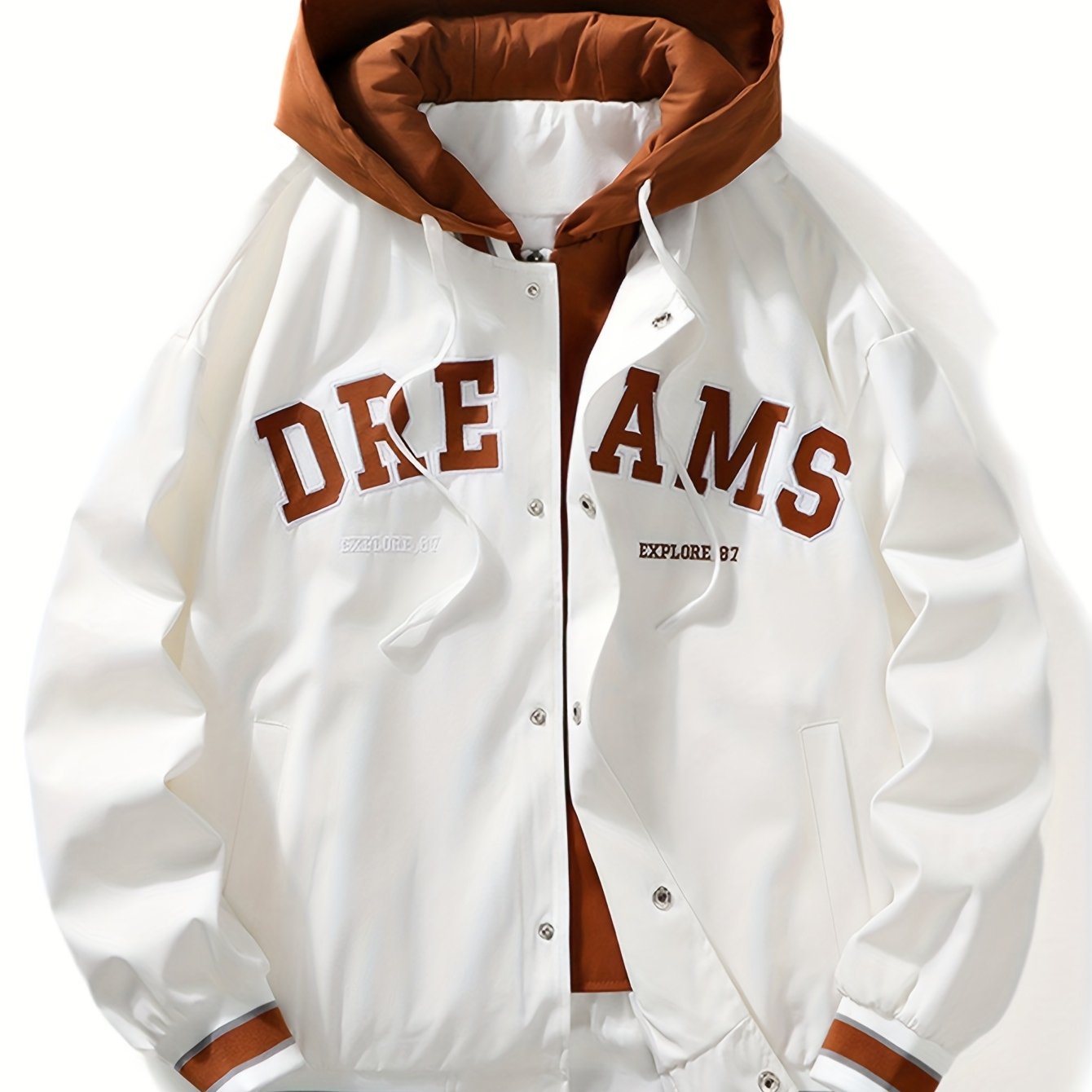 "Dreams" Varsity Jacket – White & Brown Streetwear with Statement Style