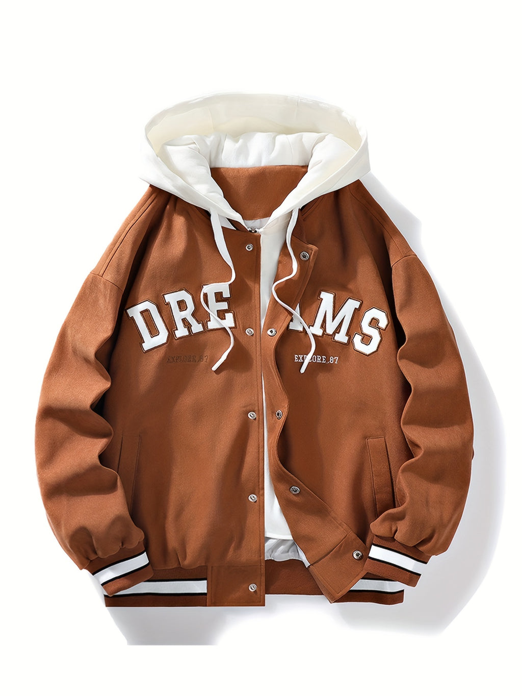 "Dreams" Varsity Jacket – White & Brown Streetwear with Statement Style