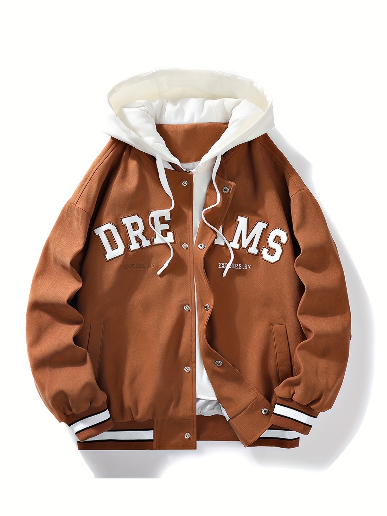 "Dreams" Varsity Jacket – White & Brown Streetwear with Statement Style