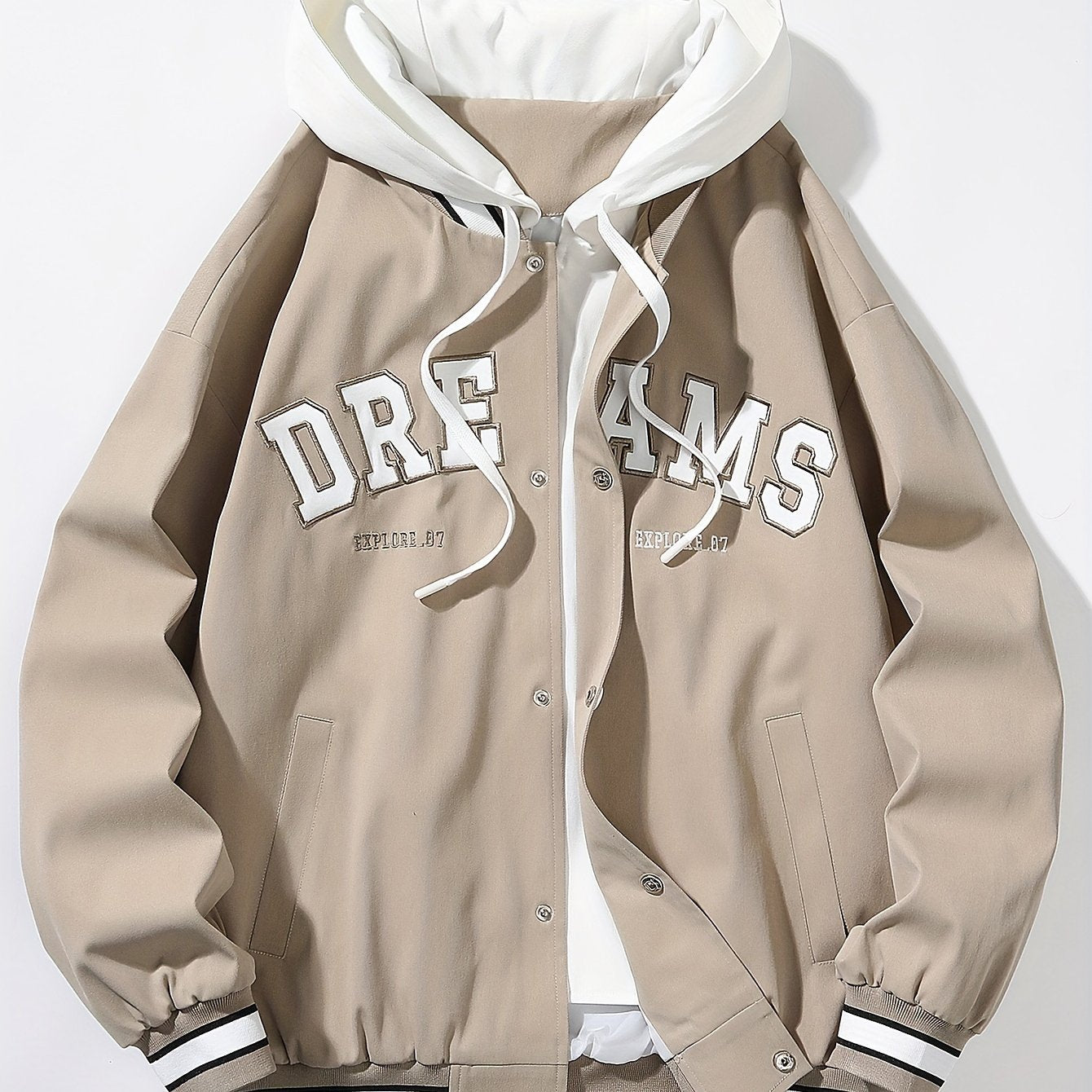 "Dreams" Varsity Jacket – White & Brown Streetwear with Statement Style