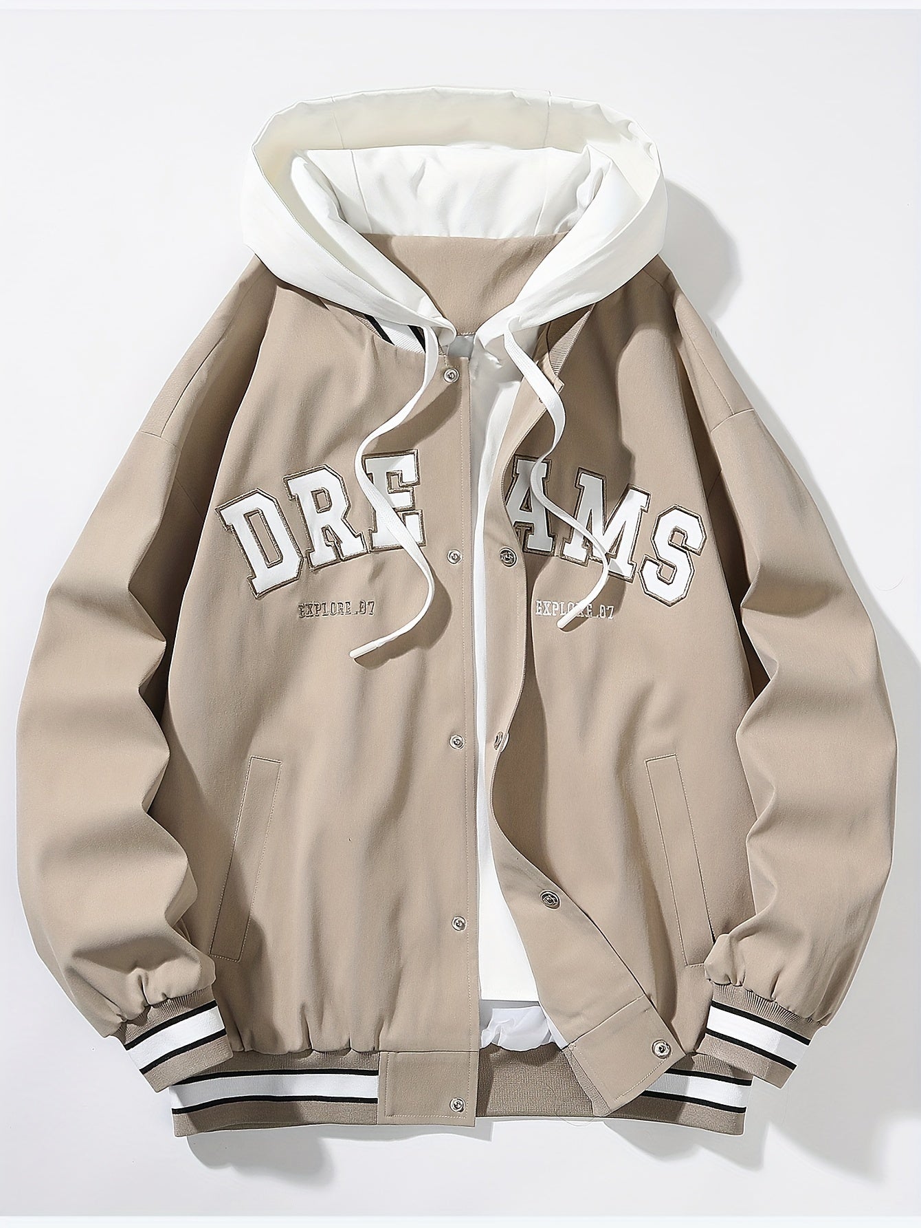 "Dreams" Varsity Jacket – White & Brown Streetwear with Statement Style