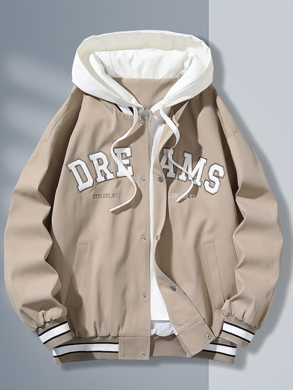 "Dreams" Varsity Jacket – White & Brown Streetwear with Statement Style