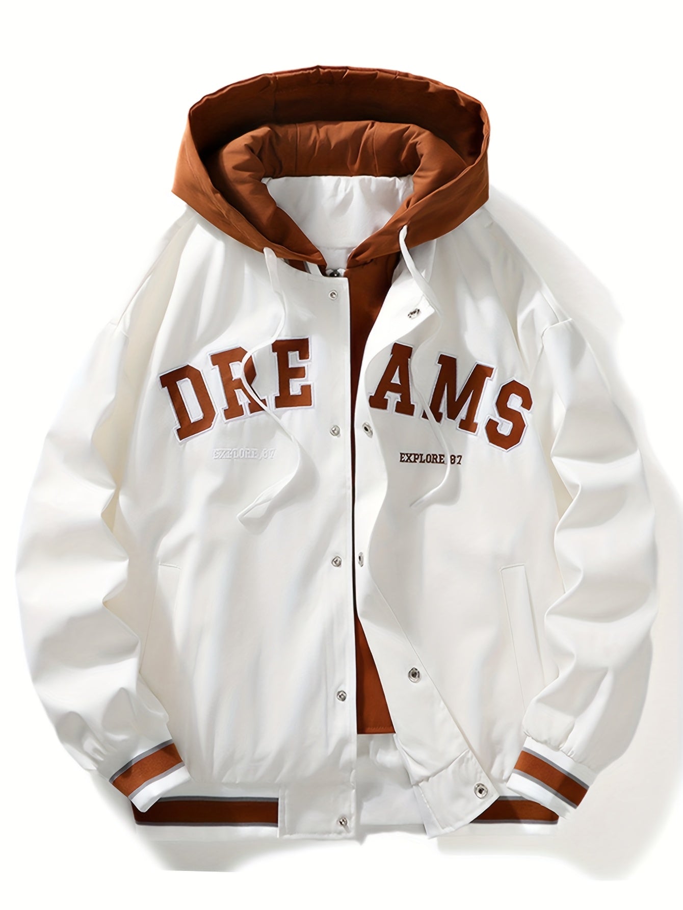 "Dreams" Varsity Jacket – White & Brown Streetwear with Statement Style