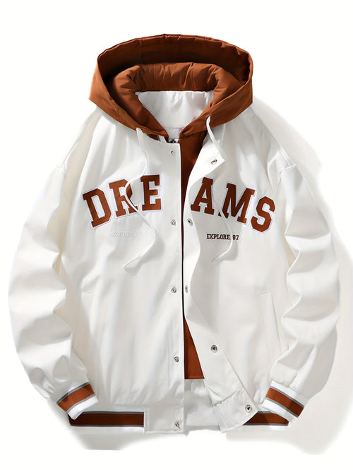 "Dreams" Varsity Jacket – White & Brown Streetwear with Statement Style