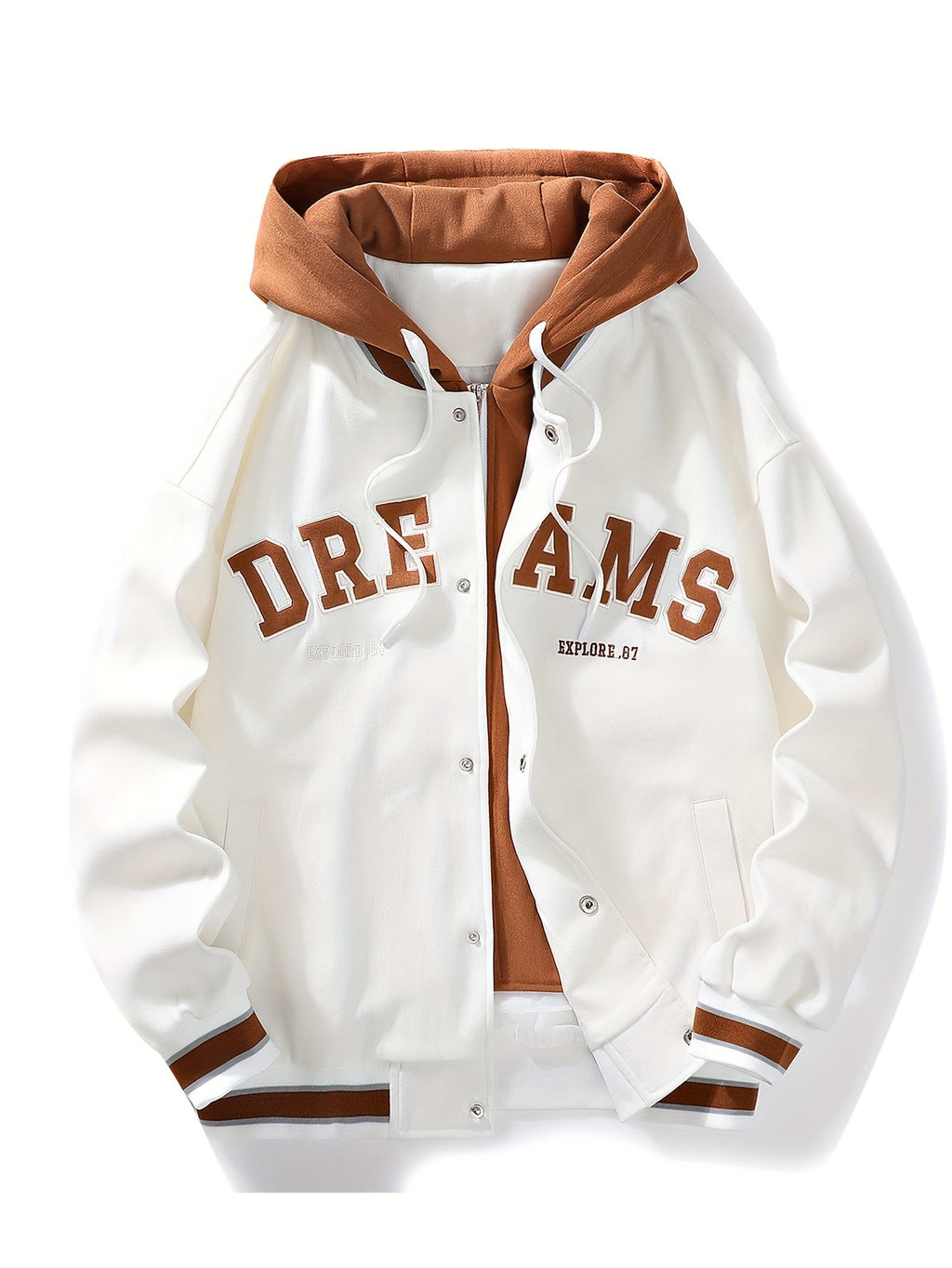 "Dreams" Varsity Jacket – White & Brown Streetwear with Statement Style