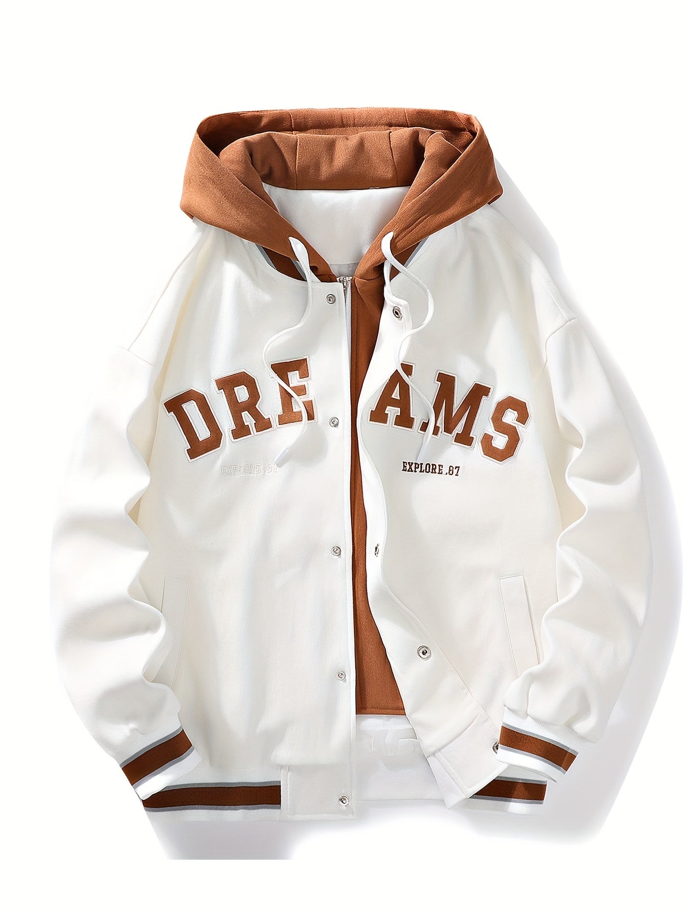 "Dreams" Varsity Jacket – White & Brown Streetwear with Statement Style