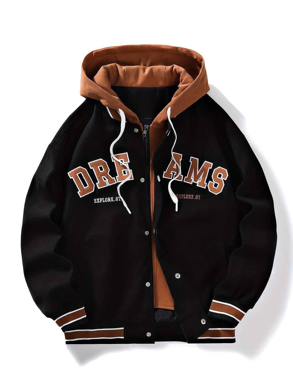 "Dreams" Varsity Jacket – White & Brown Streetwear with Statement Style