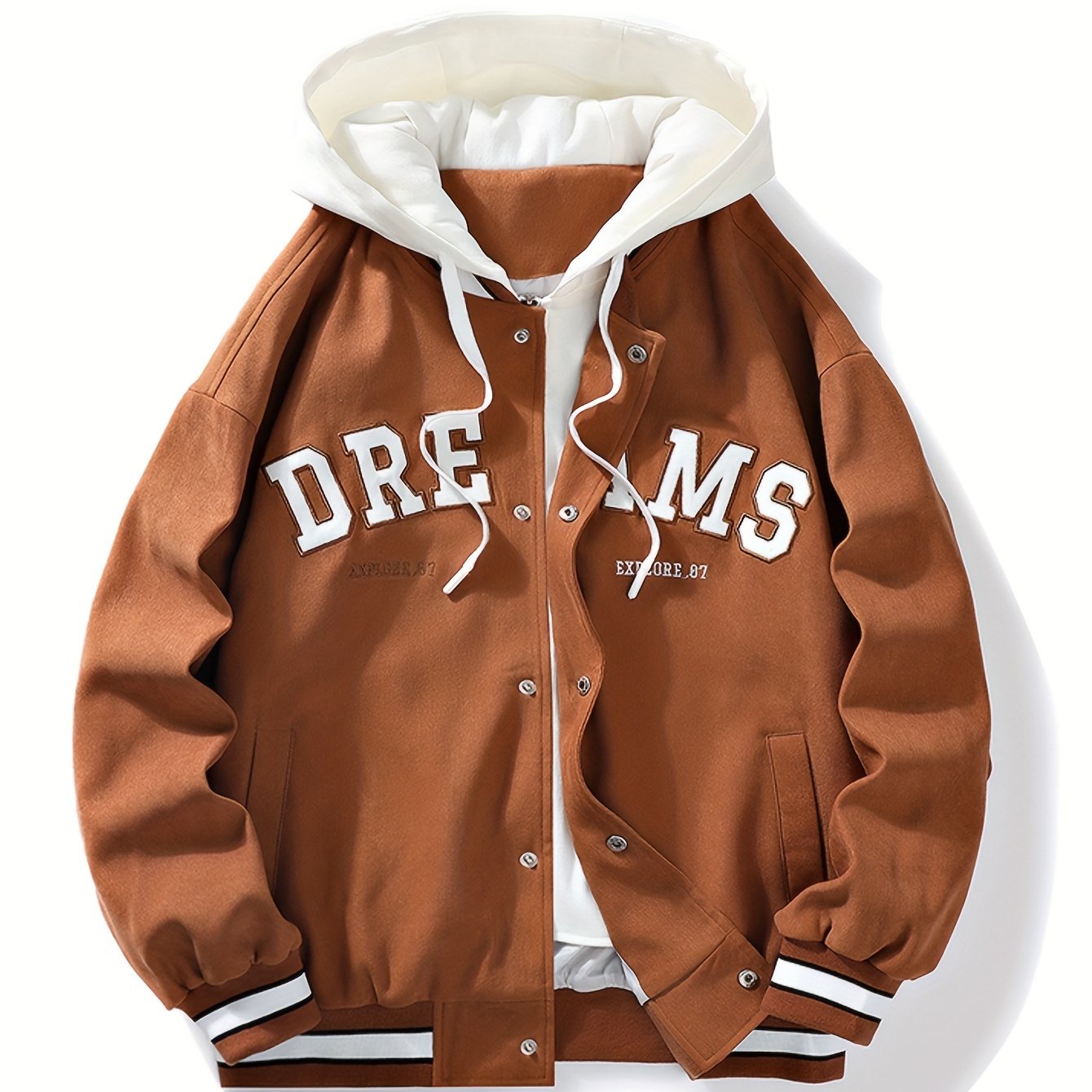 "Dreams" Varsity Jacket – White & Brown Streetwear with Statement Style